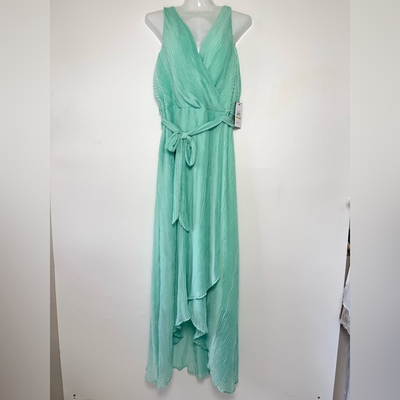 DKNY Mint Green Pleated Wrap High Low Chiffon Belted Dress Women Size 14 Party - Picture 5 of 13